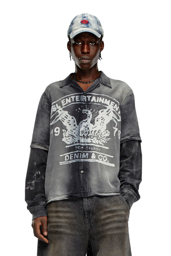 Faded bowling shirt with logo graphic