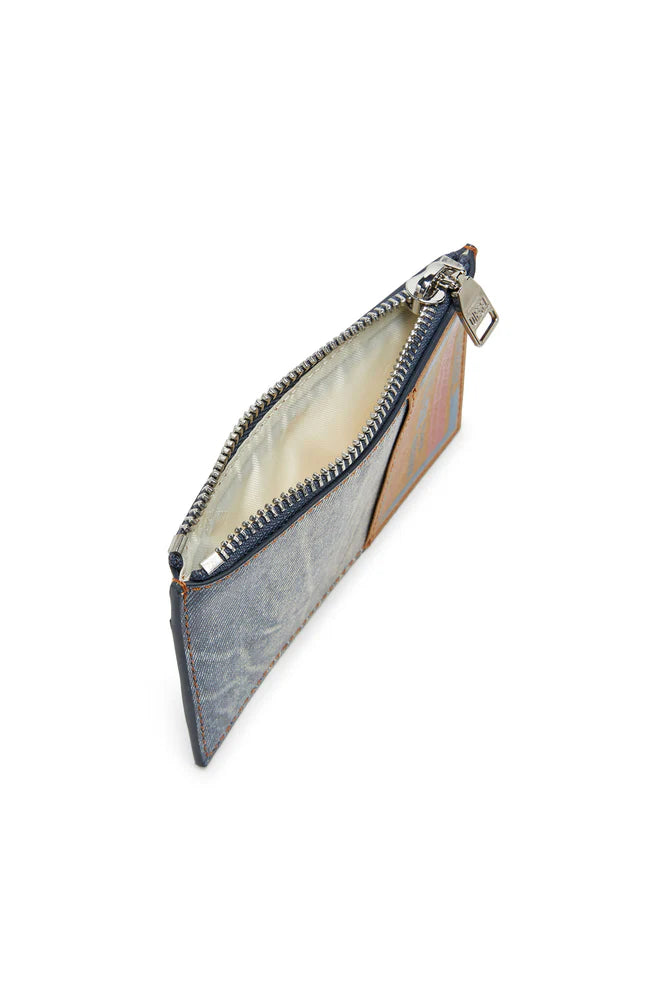 Leather card holder with denim print