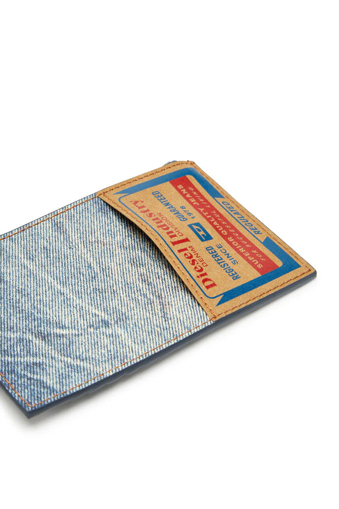 Leather card holder with denim print