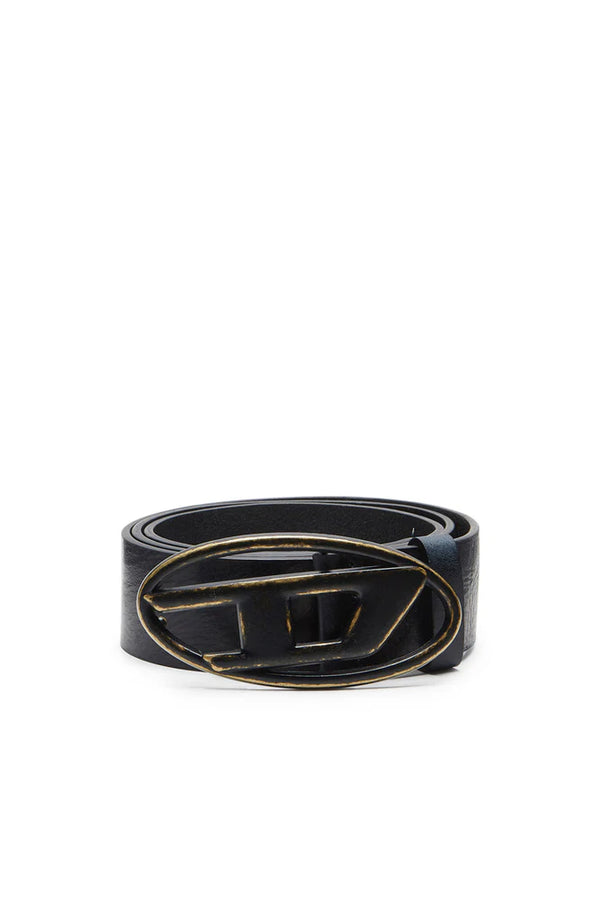 Leather belt with oxidised logo buckle