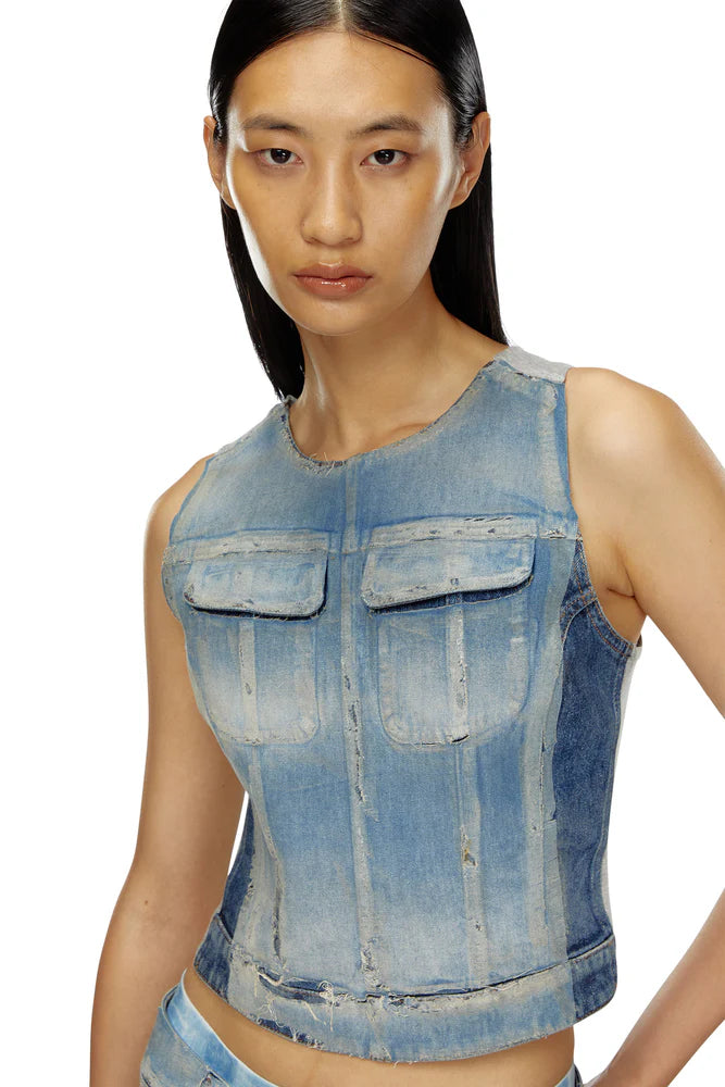 Top in peel-off denim and jersey