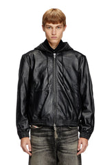 Hooded jacket in leather, cotton and denim