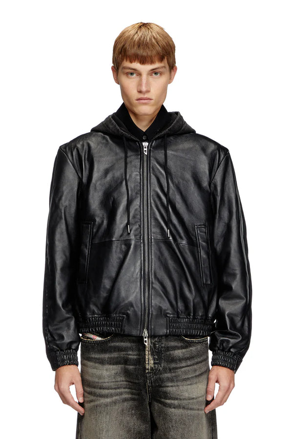 Hooded jacket in leather, cotton and denim