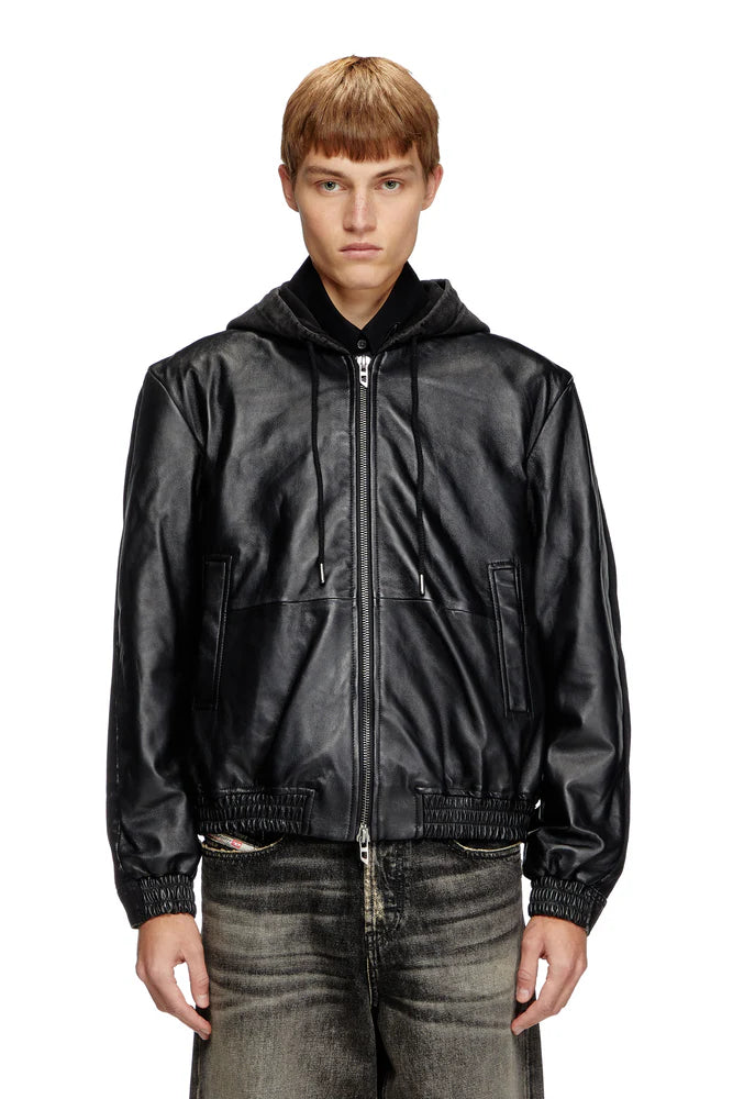 Hooded jacket in leather, cotton and denim