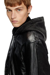 Hooded jacket in leather, cotton and denim