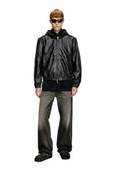 Hooded jacket in leather, cotton and denim