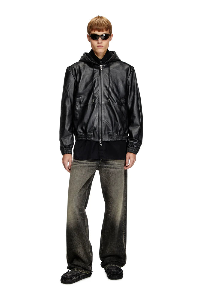Hooded jacket in leather, cotton and denim
