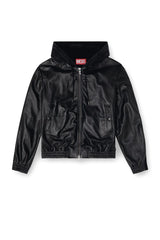 Hooded jacket in leather, cotton and denim