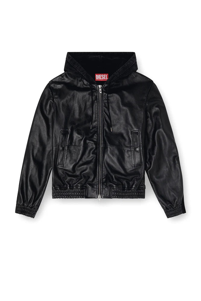 Hooded jacket in leather, cotton and denim