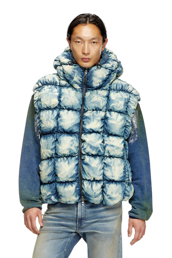 Tie-dyed denim puffer vest