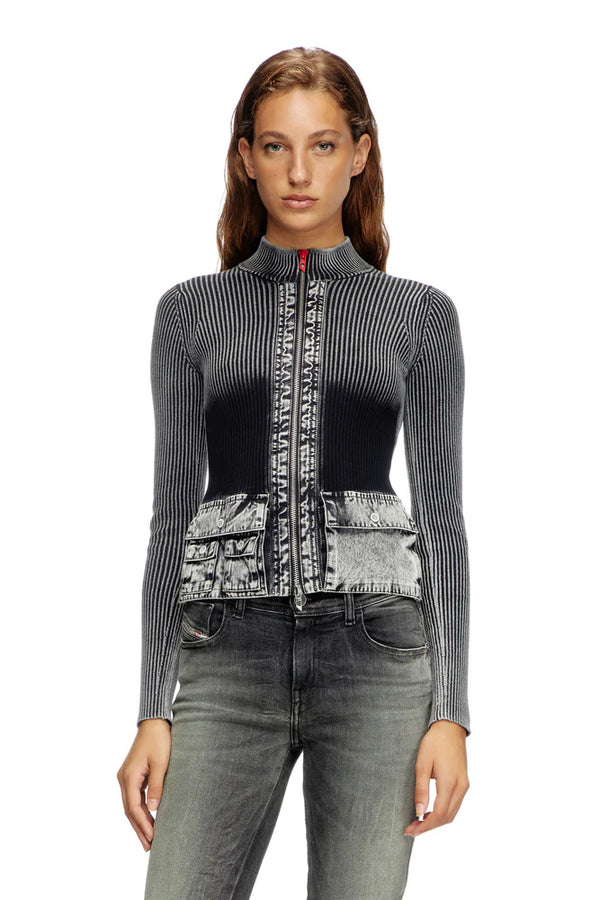 Zip-up cardigan with denim cargo pockets
