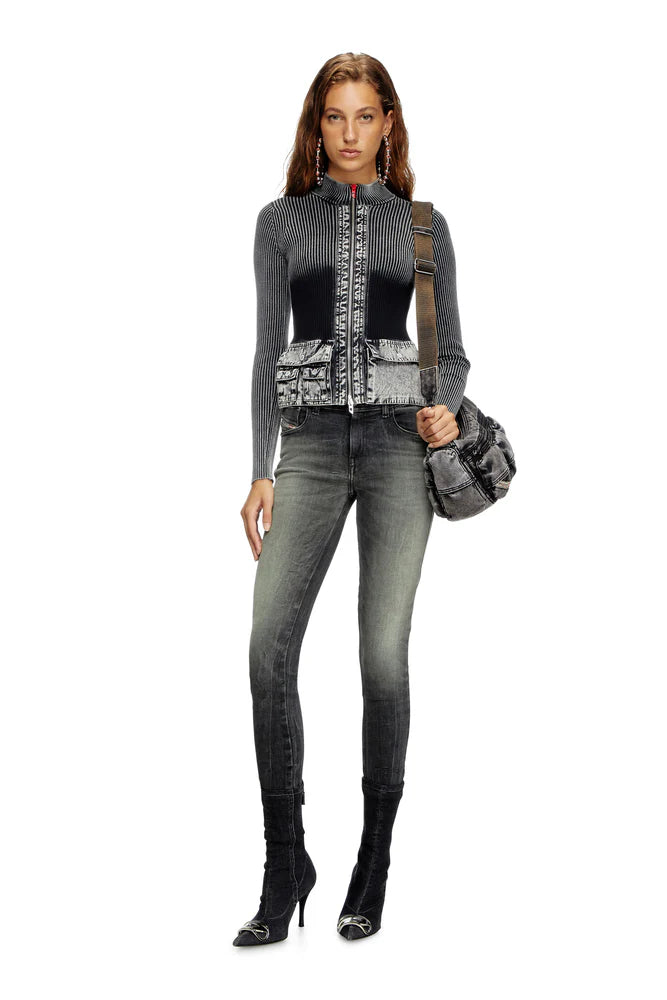 Zip-up cardigan with denim cargo pockets
