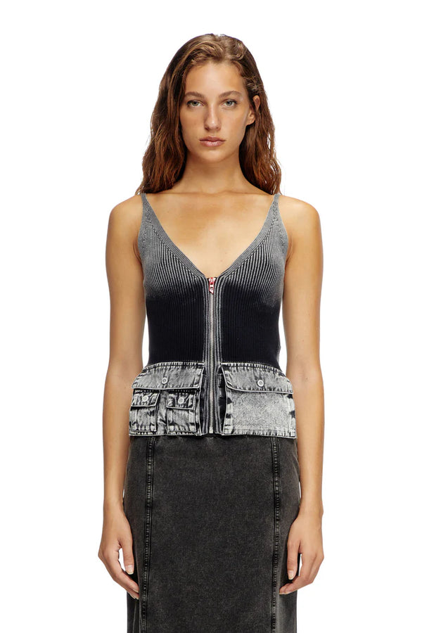 Knit tank top with denim cargo pockets