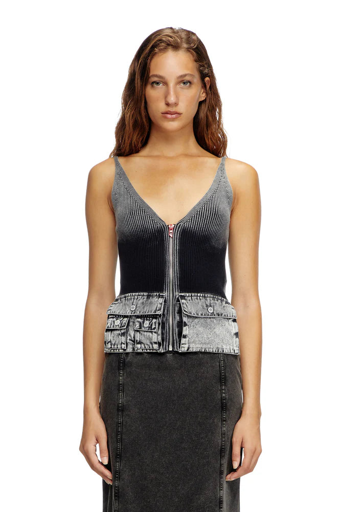Knit tank top with denim cargo pockets