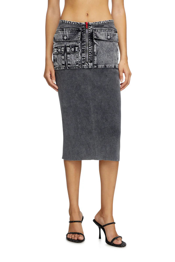 Knit midi skirt with denim cargo pockets