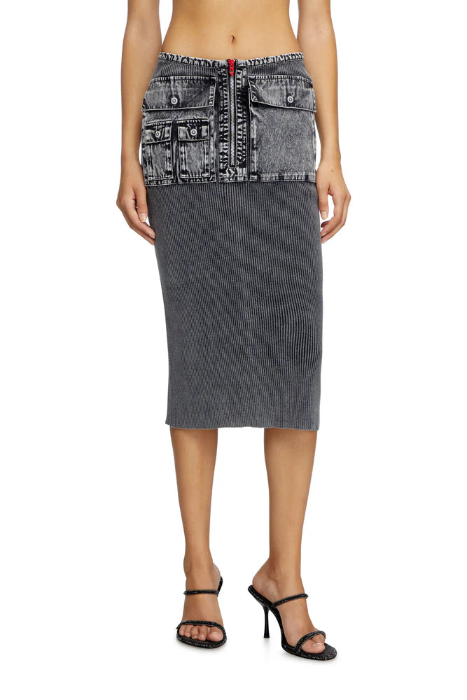 Knit midi skirt with denim cargo pockets