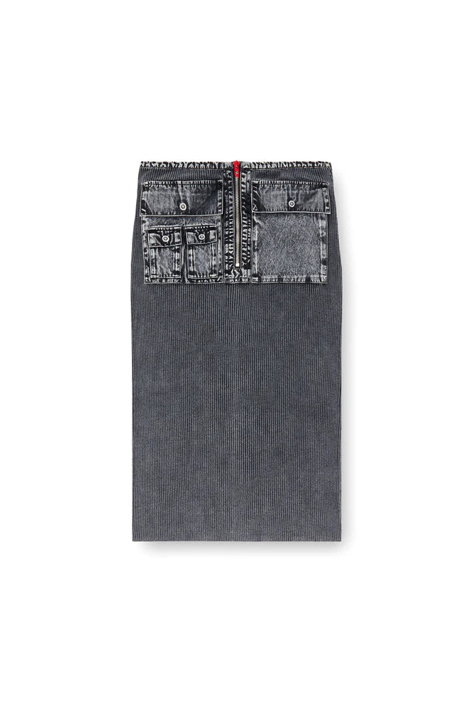 Knit midi skirt with denim cargo pockets