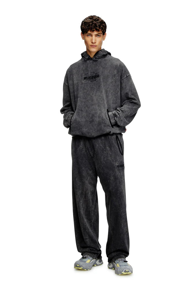 Treated sweatpants with gathered waist