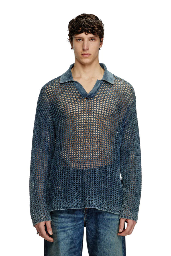 Open-knit polo jumper in denim yarn