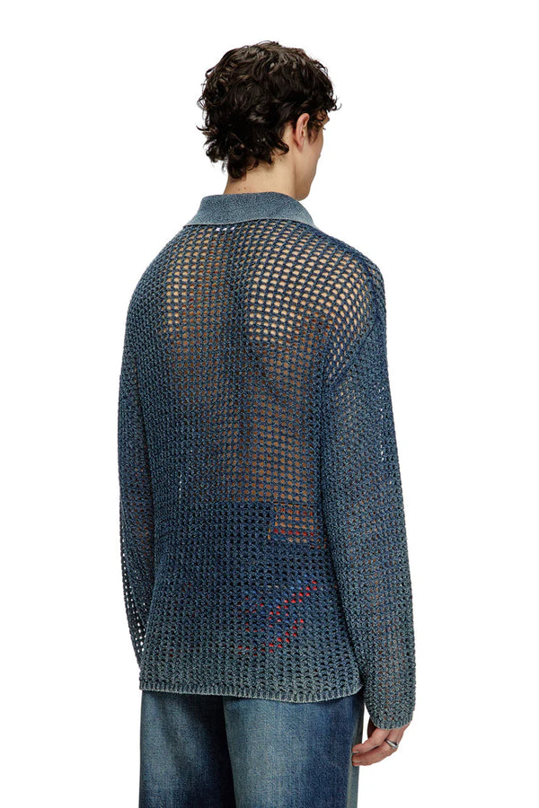 Open-knit polo jumper in denim yarn