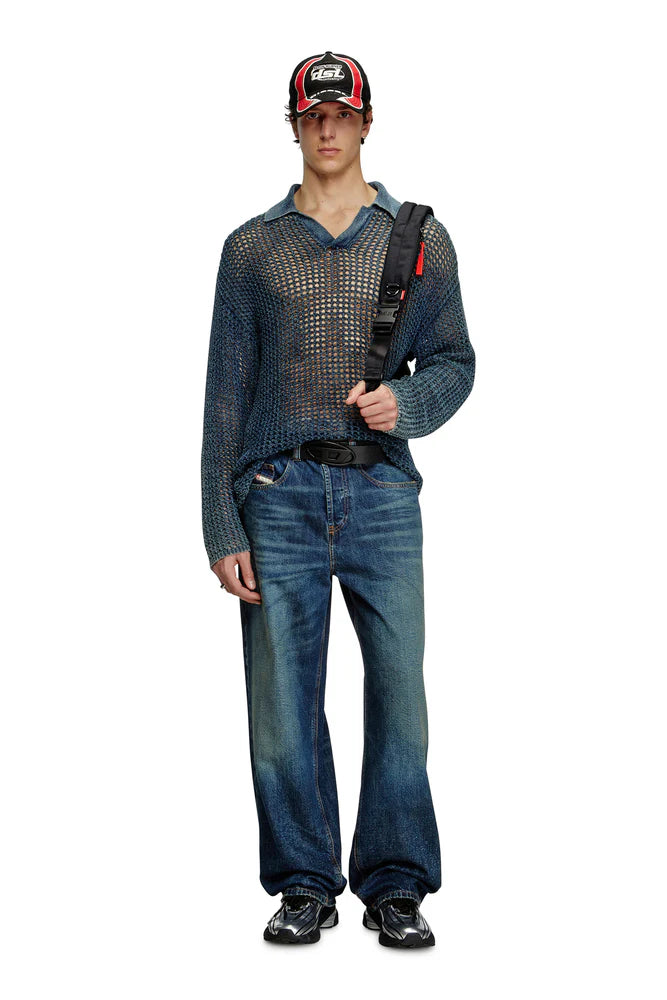 Open-knit polo jumper in denim yarn