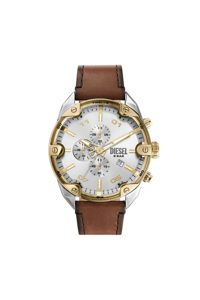 Spiked chronograph brown leather watch