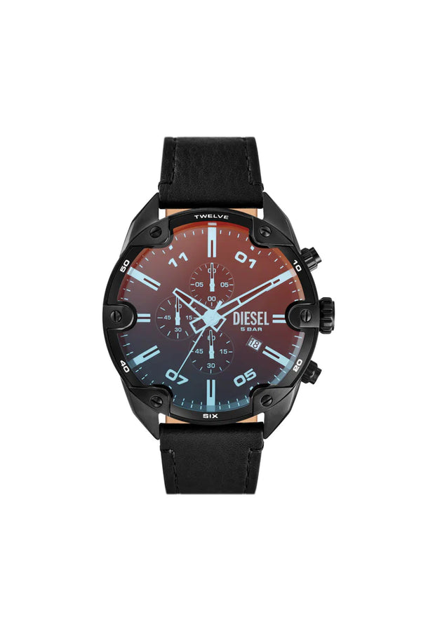 Spiked chronograph black leather watch
