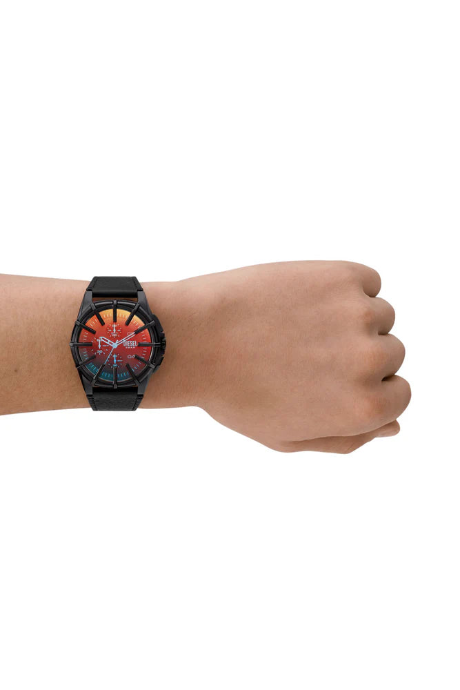 Framed black leather watch