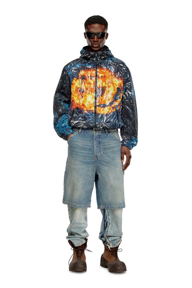Hooded windbreaker with poster print