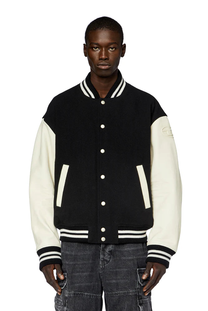 Bomber jacket in leather and wool